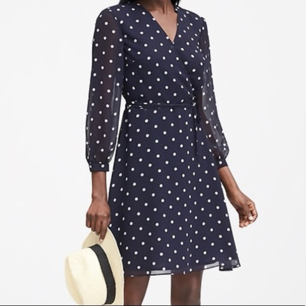 Banana Republic Navy White Polka Dot (Faux) Wrap Dress Sz 8 Knee Length
